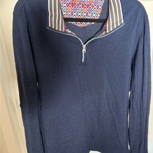 Robert Graham Navy Zip-Up Polo with Patterned Collar